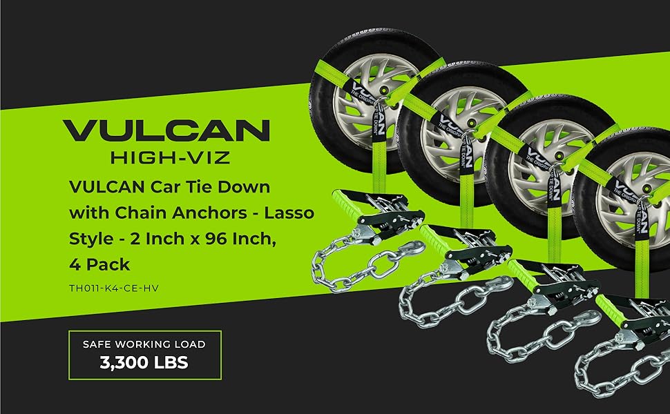 VULCAN Car Tie Down with Chain Anchors Lasso Style 2 Inch x 96 Inch