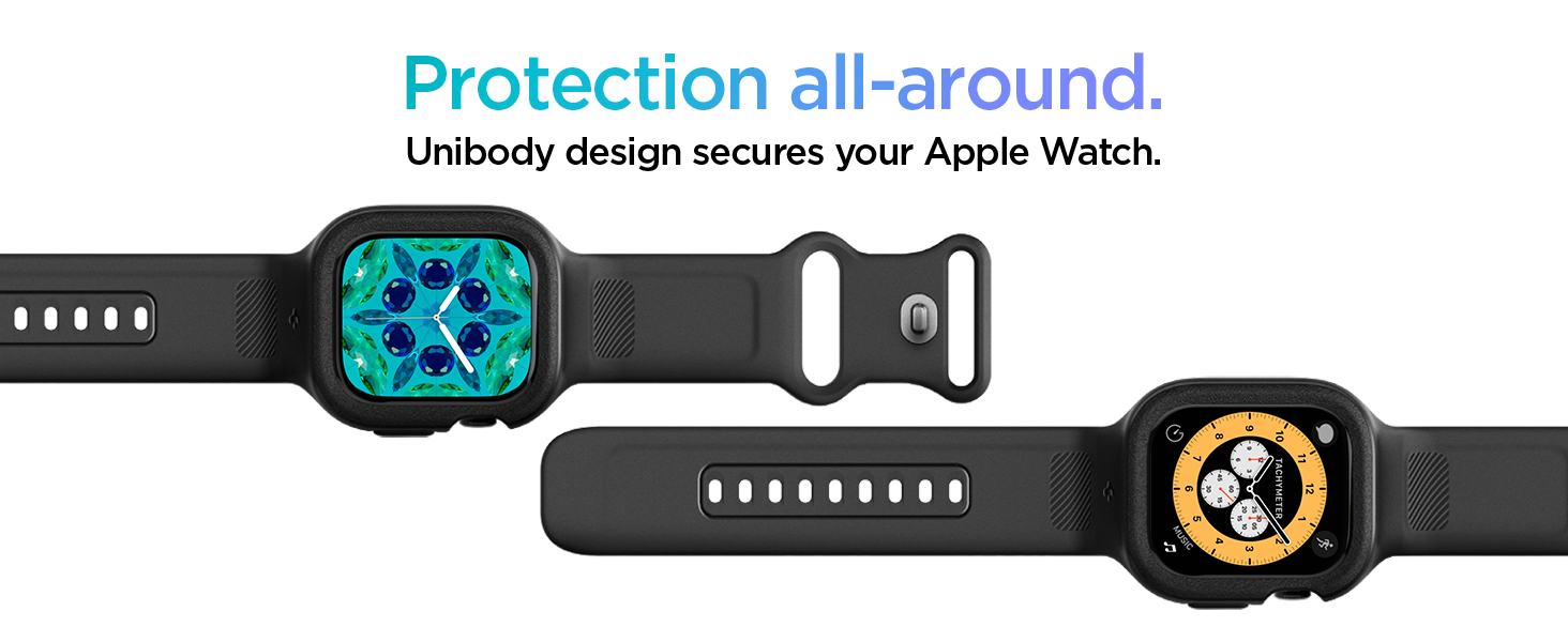 Zwei schwarze Apple Watch-Gehäuse mit integrierten Riemen. Eines zeigt ein blaues geometrisches Muster, das andere ein orangefarbenes Zifferblatt. Der Text betont den Rundumschutz und das Unibody-Design