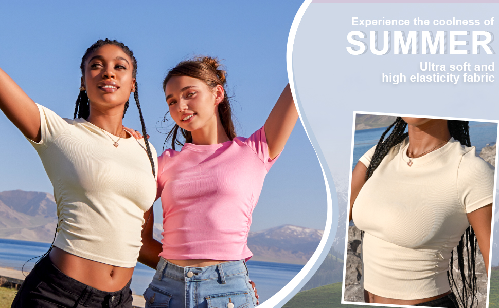 قمصان نسائية من قطعتين باكمام قصيرة ورقبة دائرية ضيقة مكشكشة قابلة للتمدد 15 1