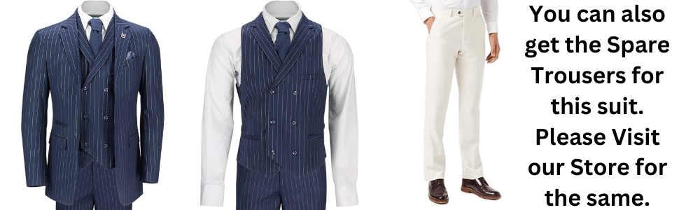 Mens 3 Piece Navy Blue Pin Stripe Suit Gold Lines Smart Retro Tailored Fit Wedding Party