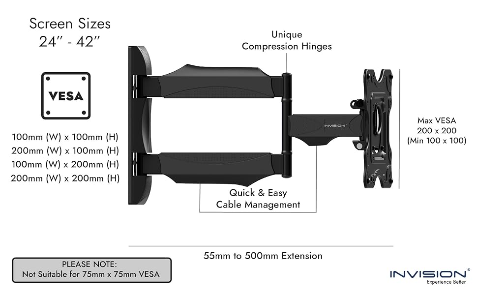 Invision TV Wall Bracket Mount for 2642 Inch Screens, VESA 100x100mm
