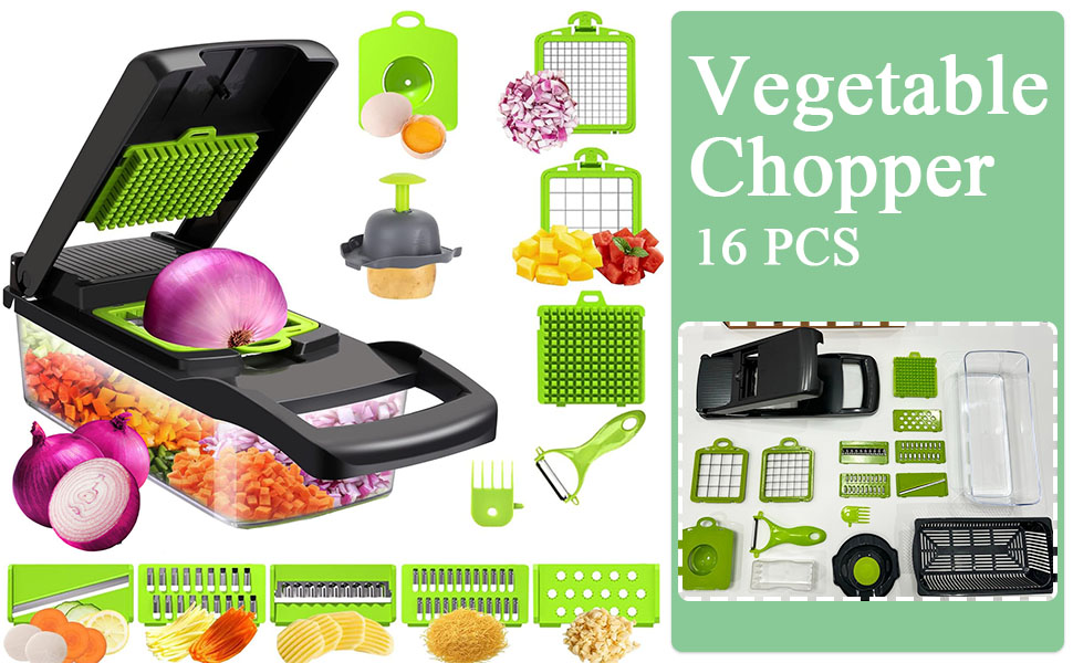 Vegetable chopper set with 16 pieces, including main unit with cutting blades, collection container, and various attachments for slicing, dicing, and grating different types of produce.