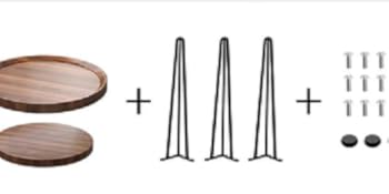 DIY table components: two round wooden tops, three metal hairpin legs, and assembly hardware including screws and floor protectors.