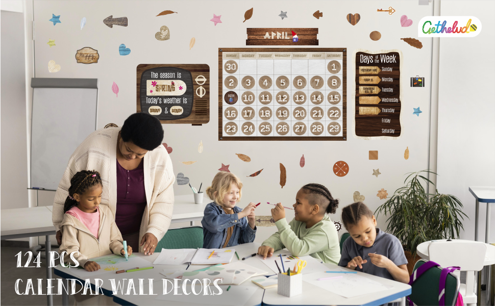 124PCS Calendar Bulletin Board Cutouts, Season/Weather/Holiday/Month/Week Bulletin Board Decors Industrial Chic Style Wall Decor for School Classroom Home Teachers Students 10 1