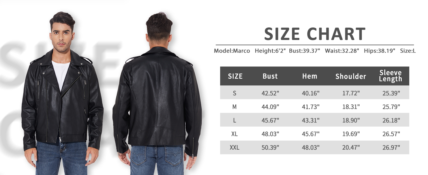 Größentabelle für eine Herrenjacke mit den Maßen für Brust, Saum, Schulter und Ärmellänge in den Größen S bis XXL.