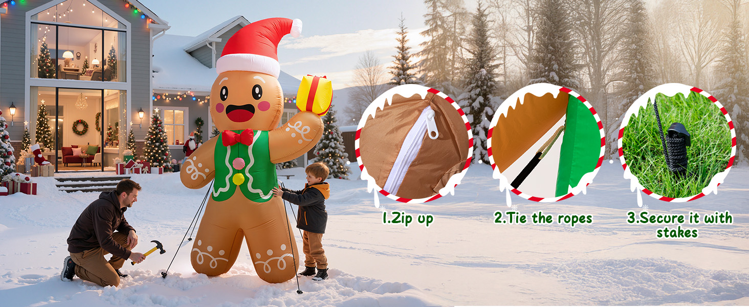 Sequential winter scene with animated gingerbread character figures playing in snow, showing progression of movement across snowy landscape.