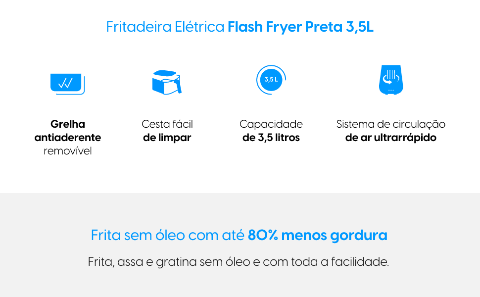 Grelha antiaderente, cesta fácil de limpar, capacidade de 3,5 litros, sistema de ar ultrarápido