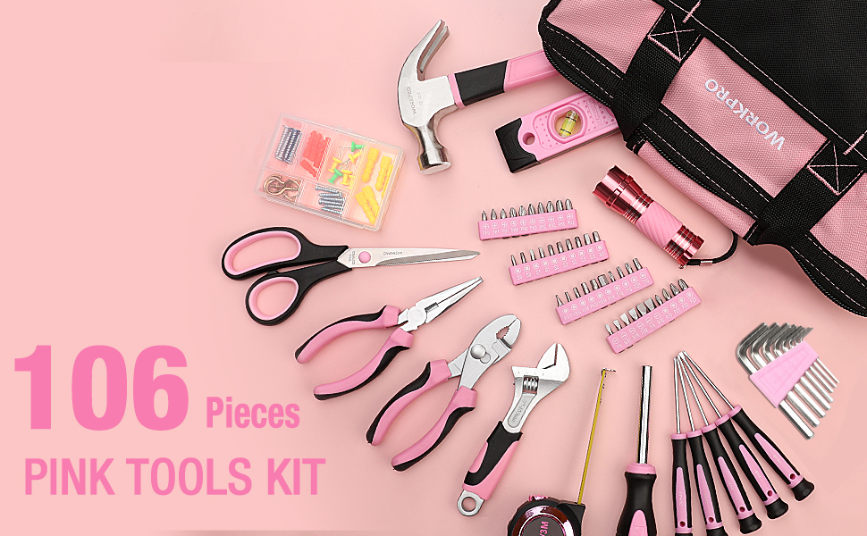 WORKPRO 106Piece Home Tool Kit, Pink Tool Kit with Tool Storage Bag