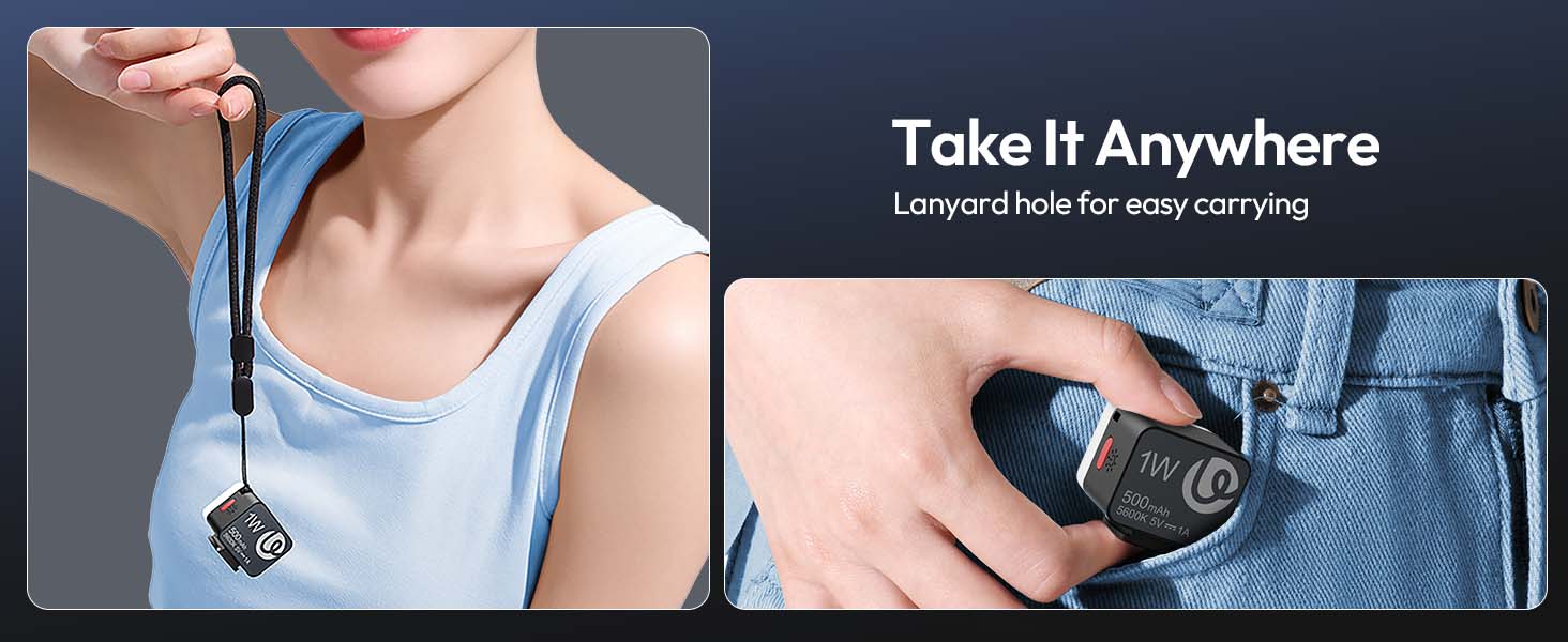 Compact black camera with lanyard for easy carrying. Left image shows it hanging from neck, right image demonstrates pocket storage. Text reads: 
