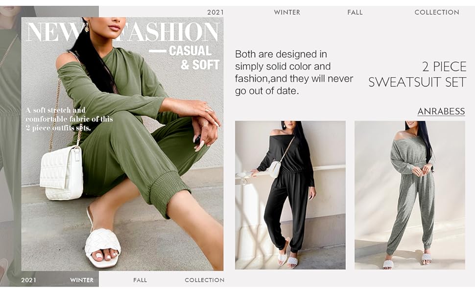 Women's Long Sleeve Crewneck Off Shoulder 2 Piece Outfits High Waist Jogger Tracksuit Sweatsuits