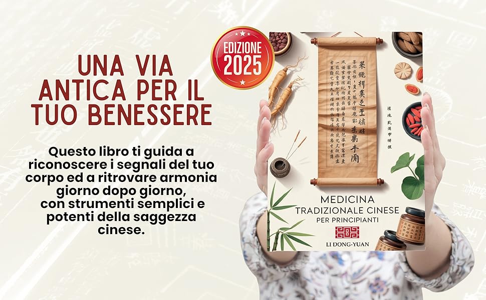 Il testo recita 'UNA VIA ANTICA PER IL TUO BENESSERE 2025'. Vista dall'alto di articoli tradizionali per il benessere, tra cui attrezzi per massaggi in legno ed elementi botanici su sfondo chiaro.