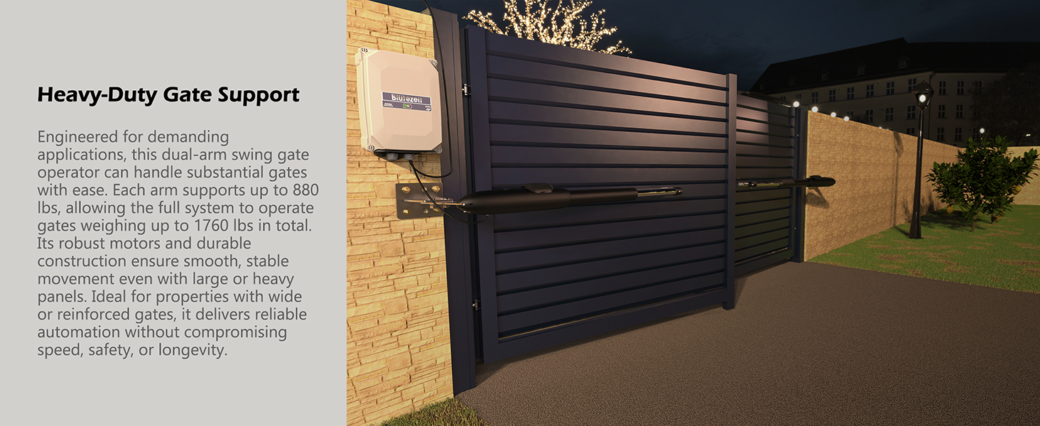 Heavy-duty gate support, handles up to 1760 pounds with smooth and fast operation