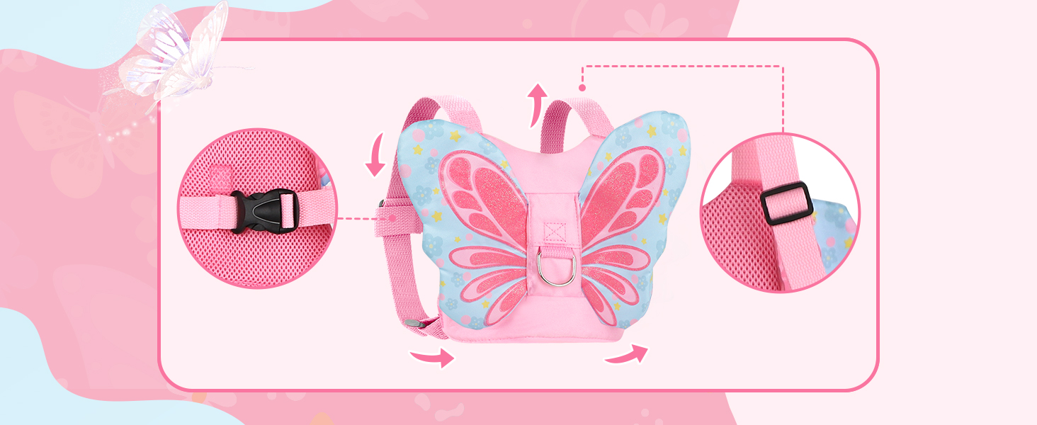 girl toddler leashes harness wrist link backpack, baby leash pink butterfly leash for kids