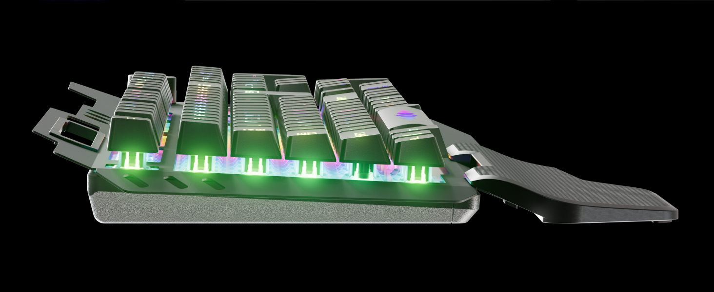 Side view of gaming keyboard with RGB lighting