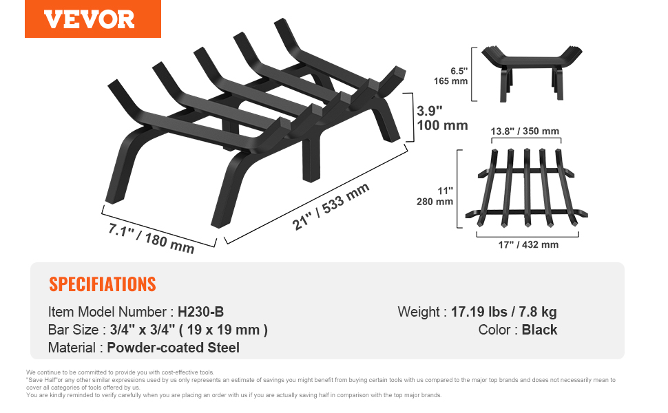 VEVOR Fireplace Log Grate, 21 inch Heavy Duty Fireplace Grate with 6