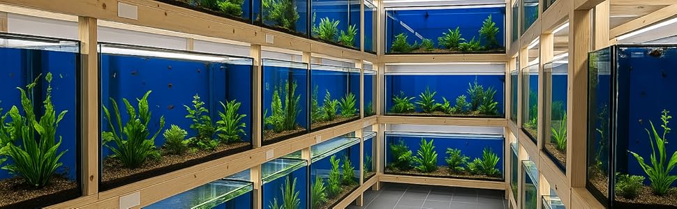 Mehrere große Aquarien gestapelt auf Holzregalen in einem Raum. Jedes Aquarium ist beleuchtet und enthält grüne Wasserpflanzen. Der Raum hat eine blaue Umgebungsbeleuchtung.