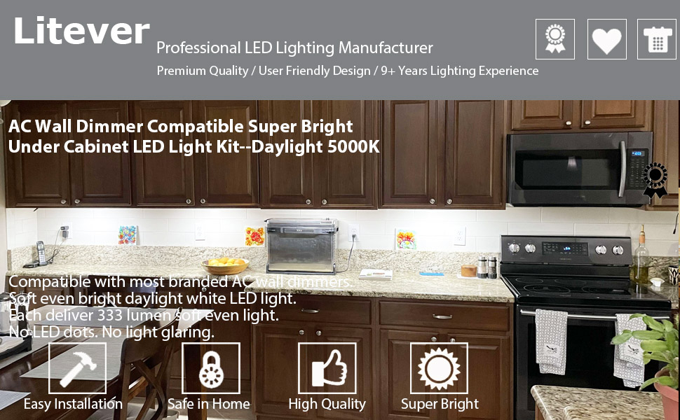 Litever Under LED Lighting Kit Dimmable by AC Wall Dimmer. Plug