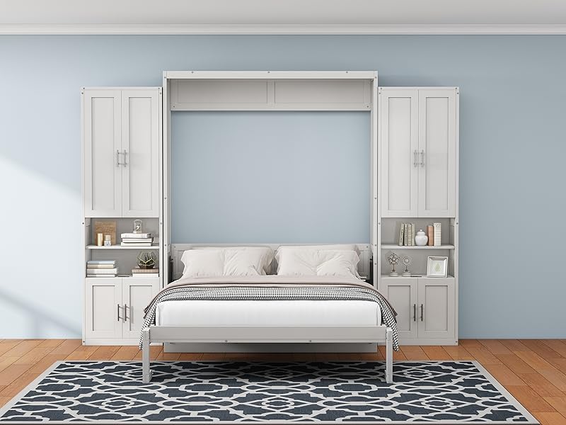 Queen Size Murphy Bed with 2 Side Cabinet Storage Shelves Cabinet Folding Wall Bed with -White