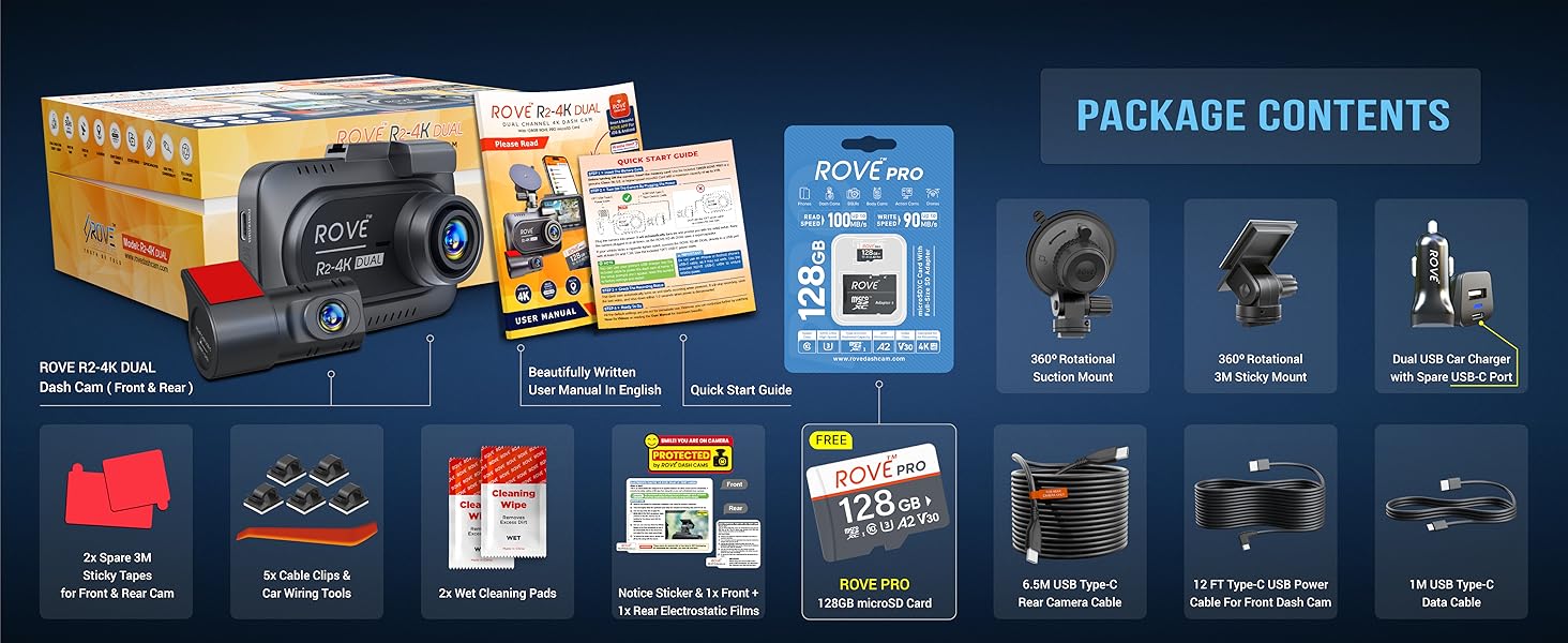 rove dash cam package contents, dash cam front and rear, dashcams for cars