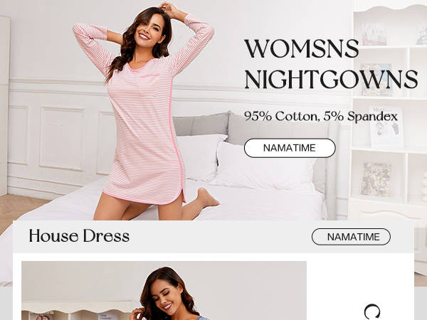 Namatime Cotton Nightgowns for Women Soft Striped House Dress Long