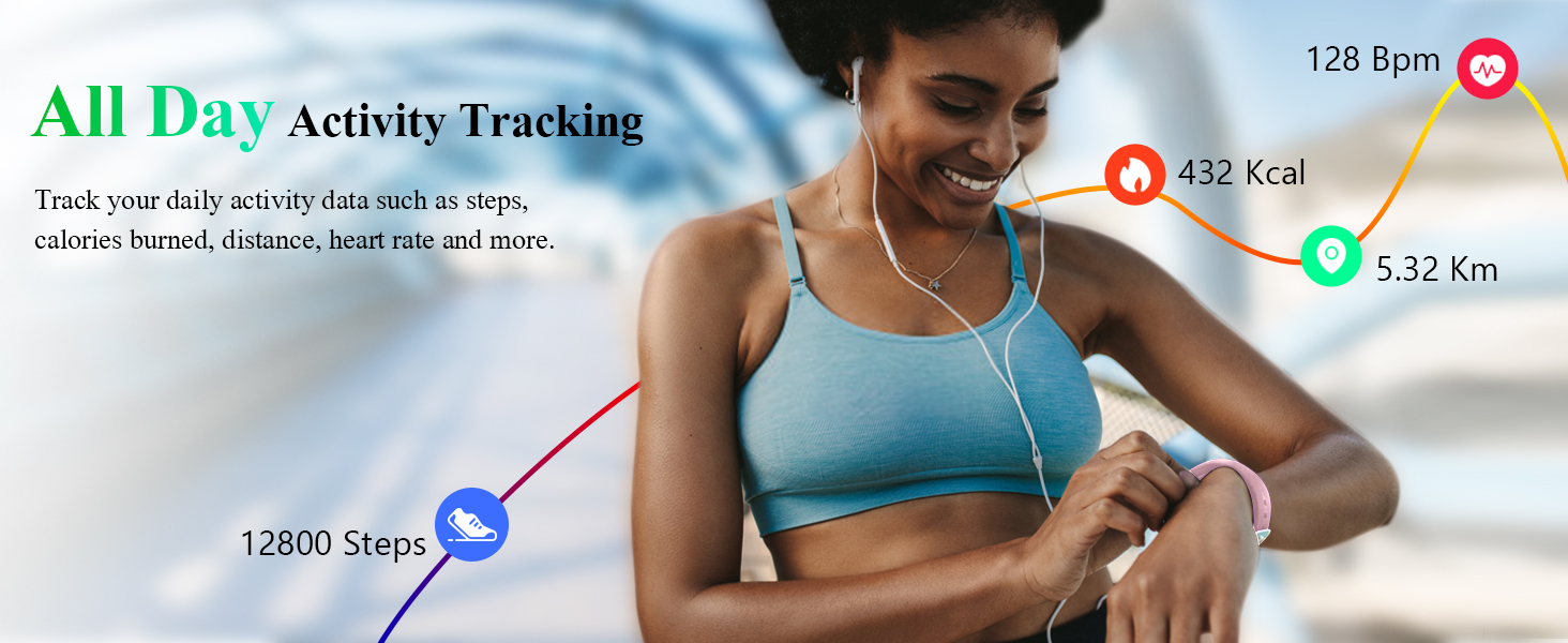 Fitness tracking interface showing daily activity metrics including steps, calories, and distance with circular progress indicators and data visualization.