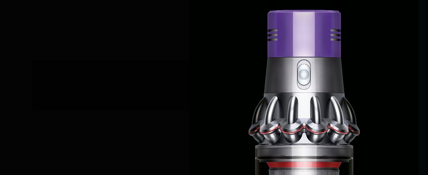 Nahaufnahme der Ein-/Aus-Taste beim Dyson Cyclone V10 Absolute Staubsauger