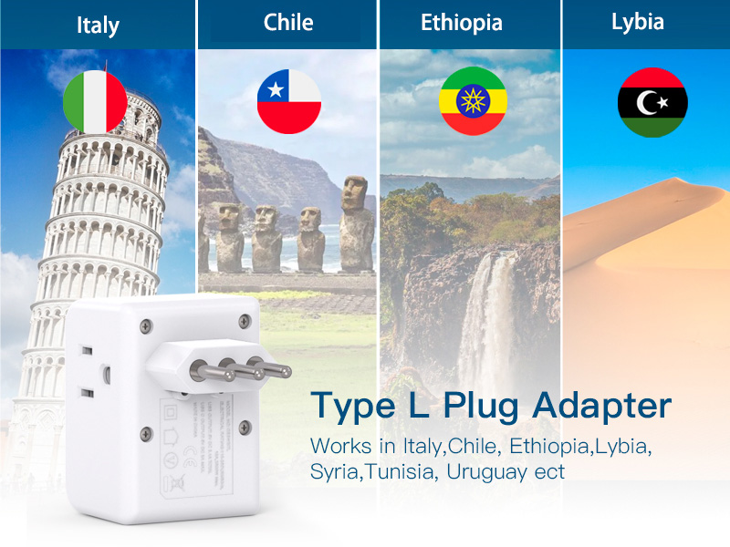 2 Pack Italy Travel Plug Adapter, Type L Italy Power Adapter with 3 American Outlets