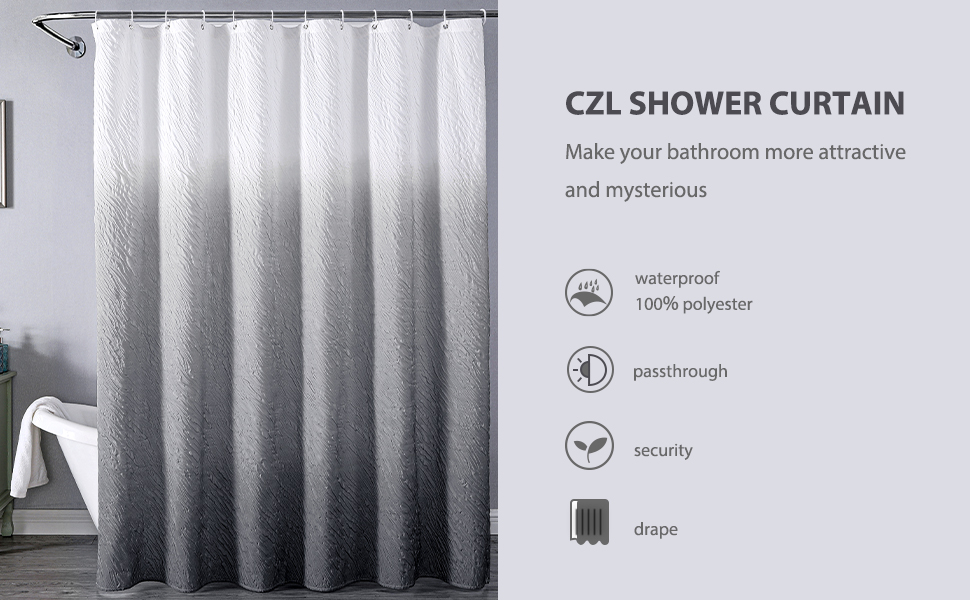 CZL Bathroom Grey Shower Curtain Set Ombre with 12 Hooks, Modern Shower