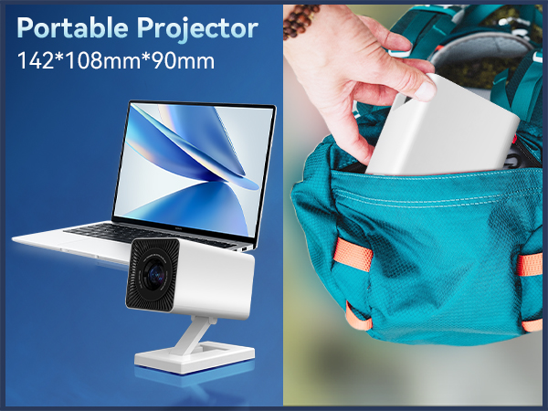 Portable projector with dimensions 142*108mm*90mm shown projecting onto laptop screen. Second image shows hand placing projector into teal carrying bag.