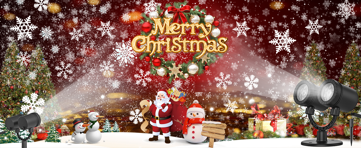 Christmas scene with 'Merry Christmas' text, snowflakes, Santa figurine, snowman, and various holiday decorations against a dark background.