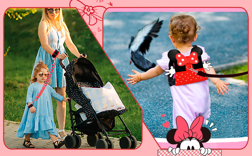 Toddler Backpack Leash, 3in1 Minnie AntiLost Strap Set Child Harness & Wrist