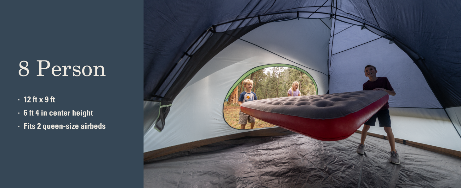 coleman skydome tent eight person people camping fit room height size airbed queen sleep two beds
