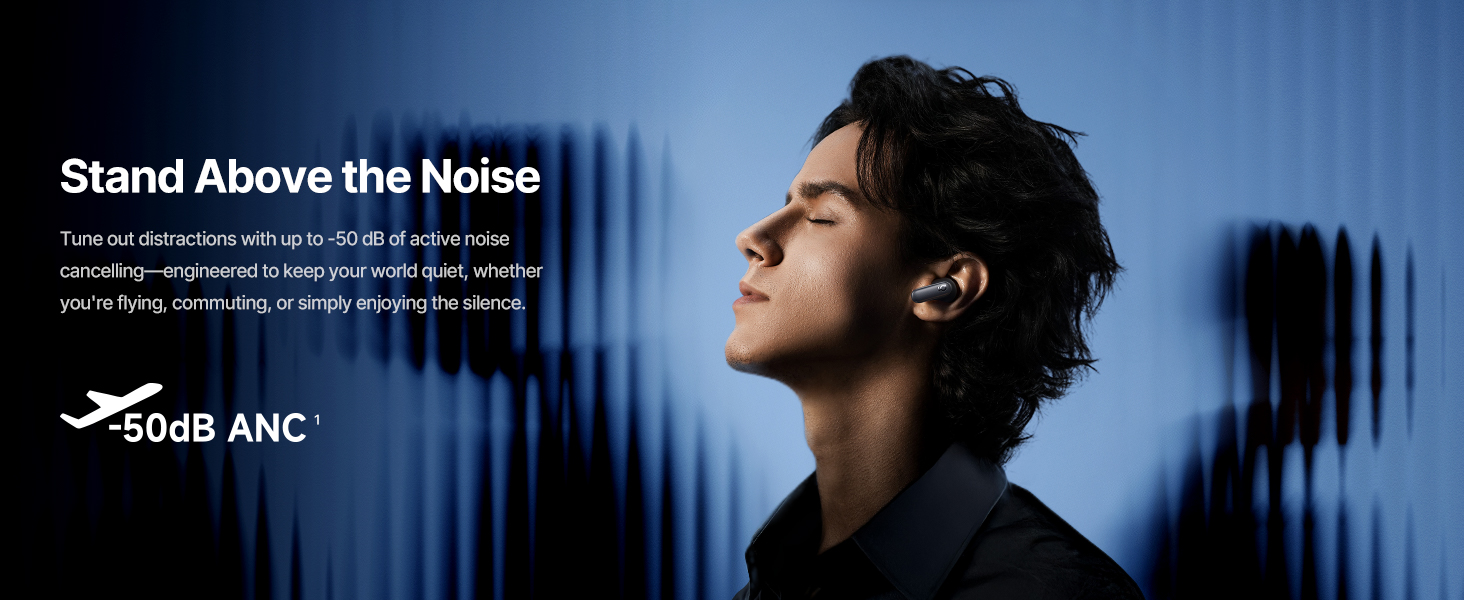Text reads 'Soul ANC'. Multiple promotional shots showing headphones against blue-tinted backgrounds.