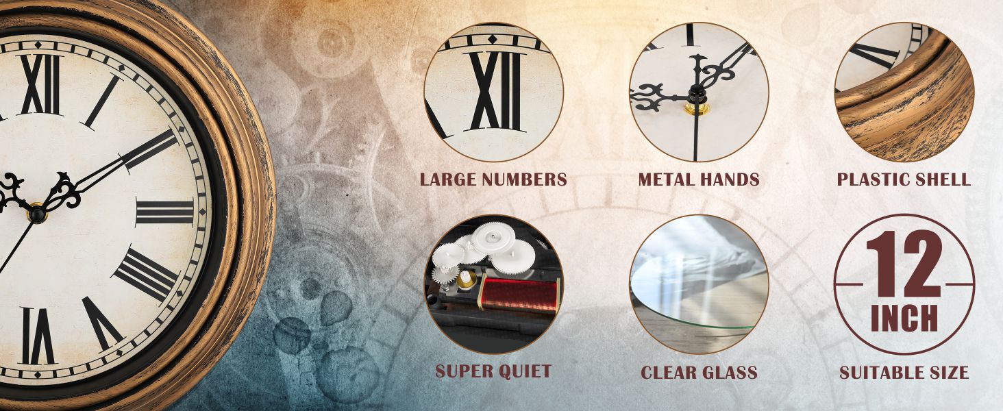 Plumeet Small Retro Wall Clock, 10'' Non Ticking Classic Silent Vintage