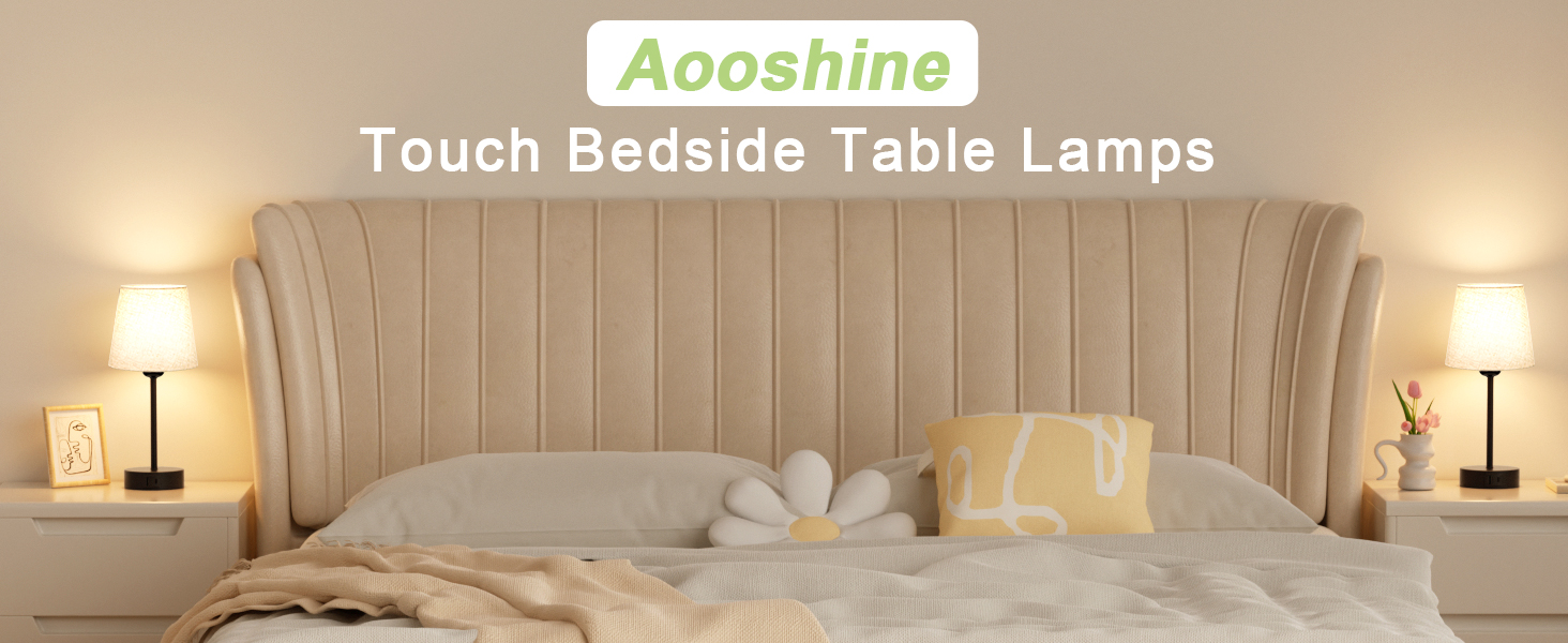 Text reads 'Aooshine Touch Bedside Table Lamps'. Shows table lamp product in bedroom setting with warm lighting effects.