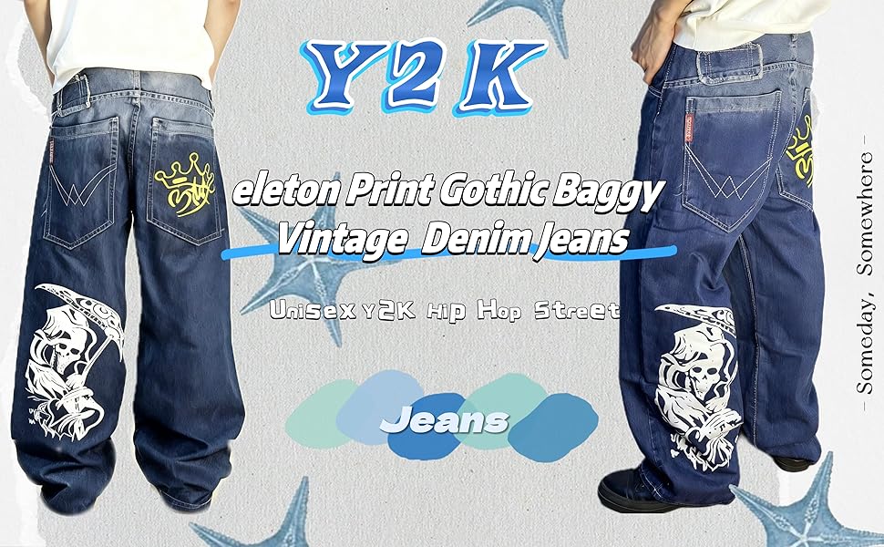 Unisex Y2K Hip Hop Street Jeans Skeleton Print Gothic Baggy