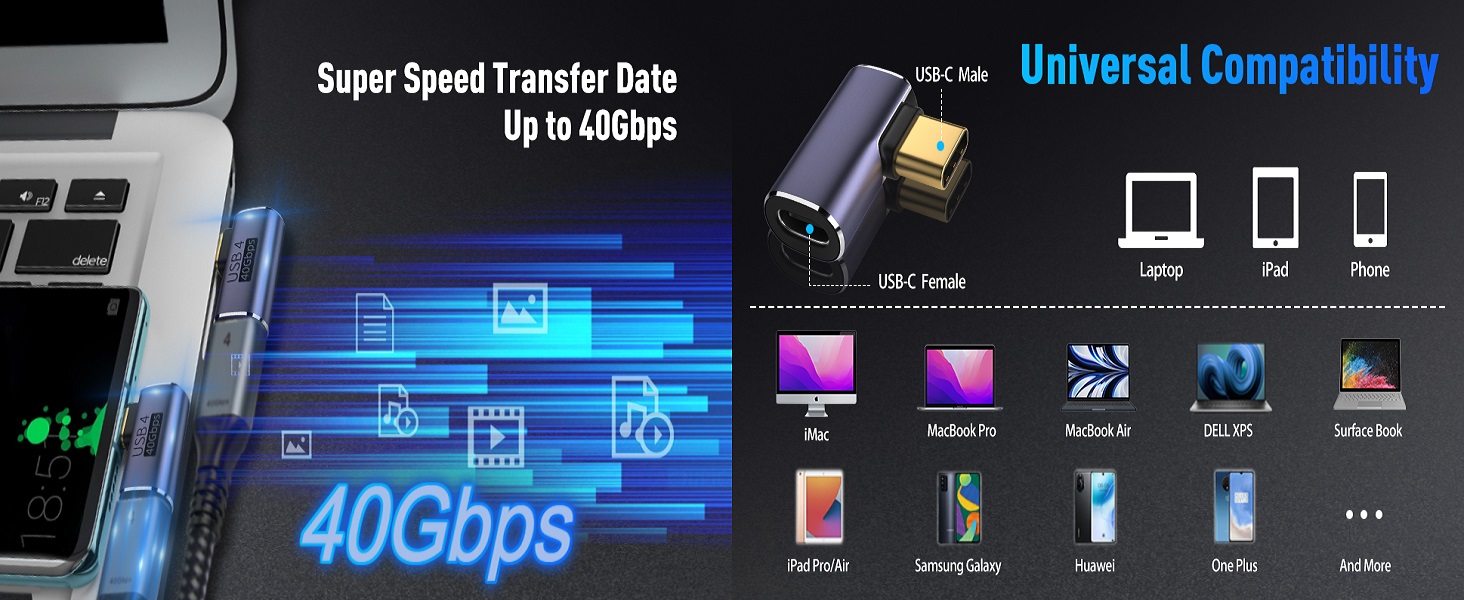 Mixed USB C Adapter USB 4.0/Thunderbolt 4 with 100W 40Gbps 90/180 Degree Right Angle