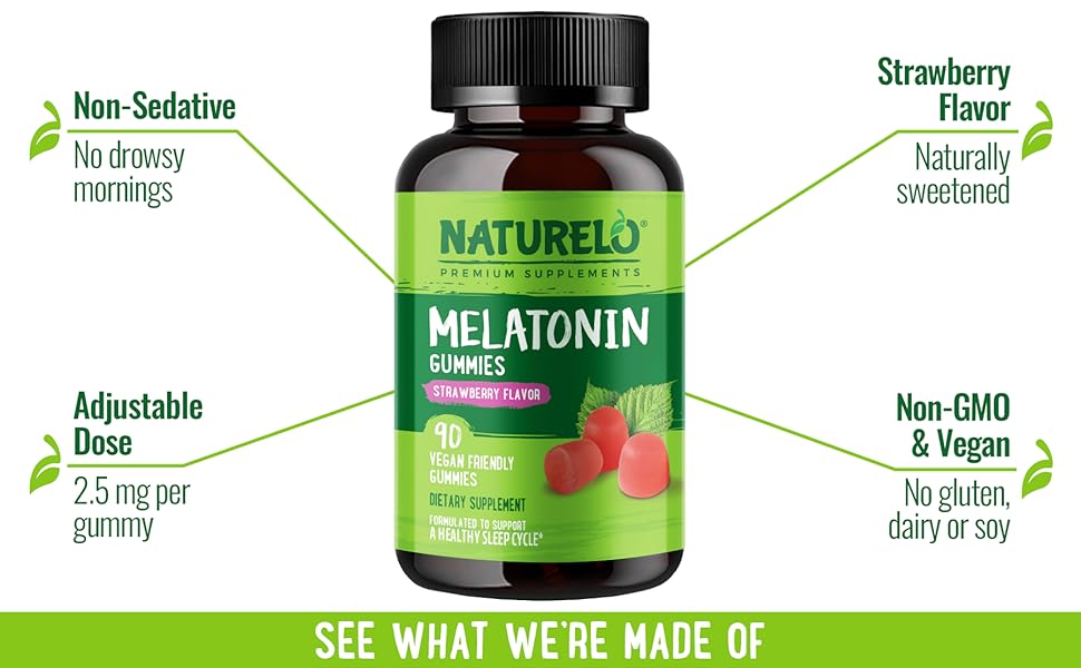 NATURELO, Melatonin, Gummies, Sleep Supplement, Mood Support, Non-GMO, Stress Relief