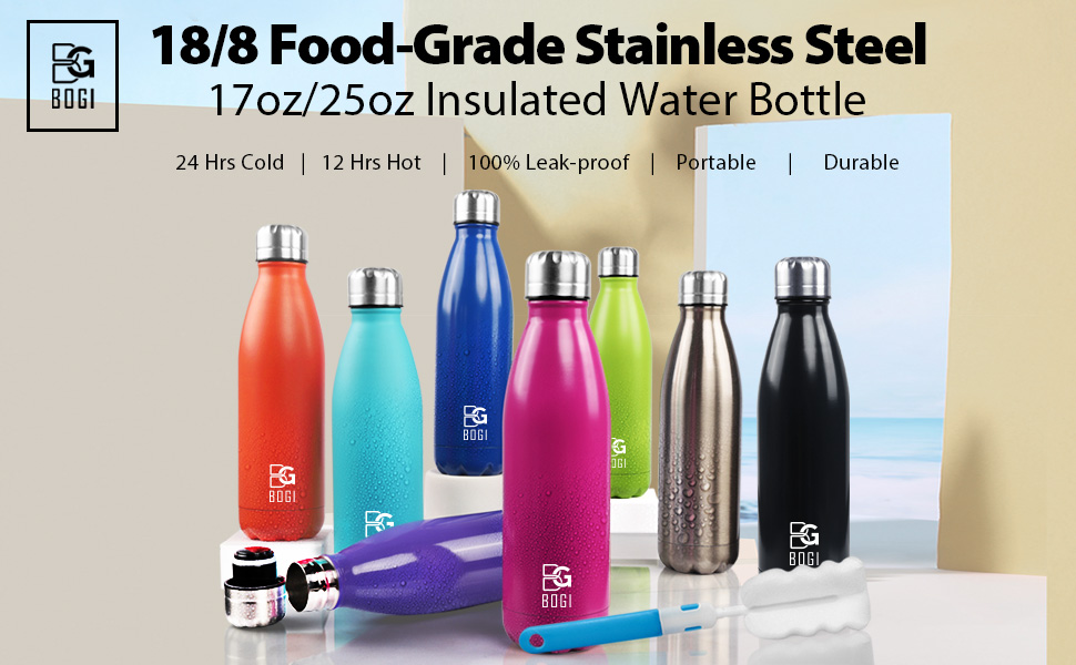 BOGI Insulated Water Bottle, 17oz 2 Pack Stainless Steel