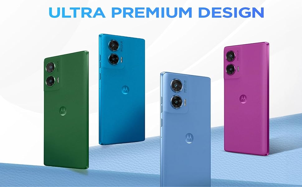 Motorola smartphones in green, blue, light blue, and pink, showcasing ultra premium design
