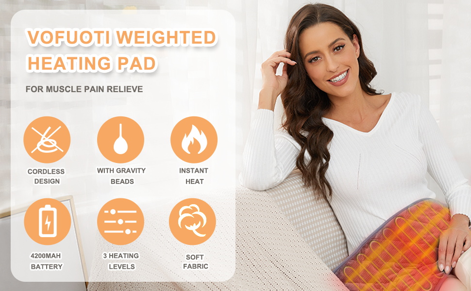 Vofuoti Cordless Heat Pad with Battery, 3 Heat Levels, Weighted Heat