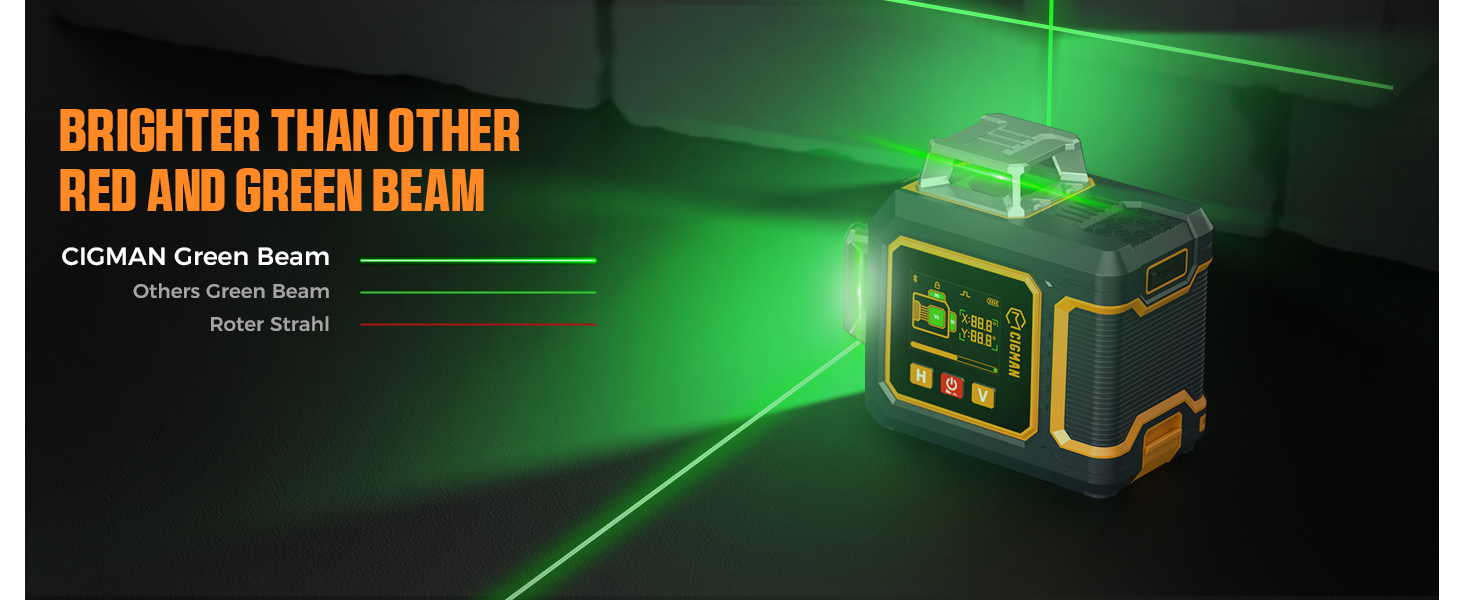 Text reads 'BRIGHTER THAN OTHER RED AND GREEN BEAM'. Green laser level beam demonstration in dark environment showing bright line projection.