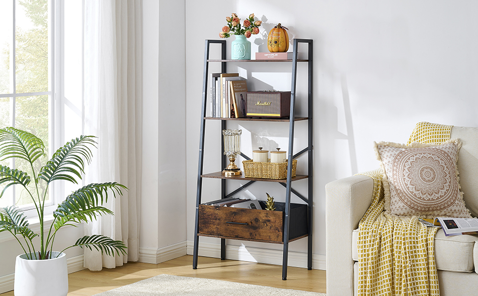 Hoctieon 4 Tier Bookshelf with Drawers, Industrial Ladder