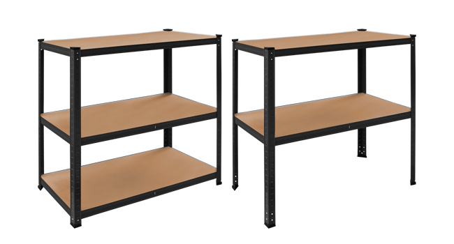 Dos estanterías utilitarias idénticas con marcos de metal negro y tablas de color marrón claro, con tres niveles cada una