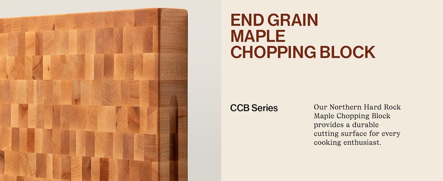 A close up of a wood cutting board. Text reads: End Grain Maple Chopping Block.