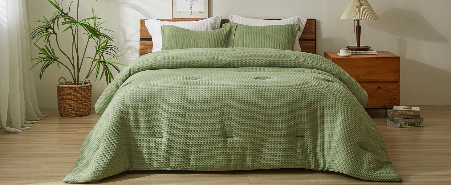 Waffle Comforter Set King Size, White Soft Bedding Set for All Season, Lightweight