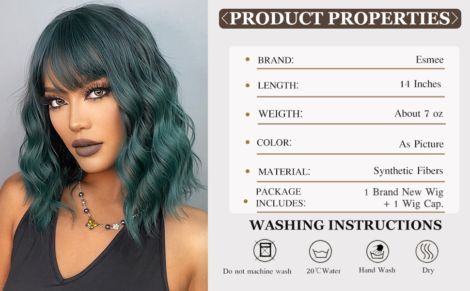 Esmee Short Wave Green Bob Wigs With Fringe 