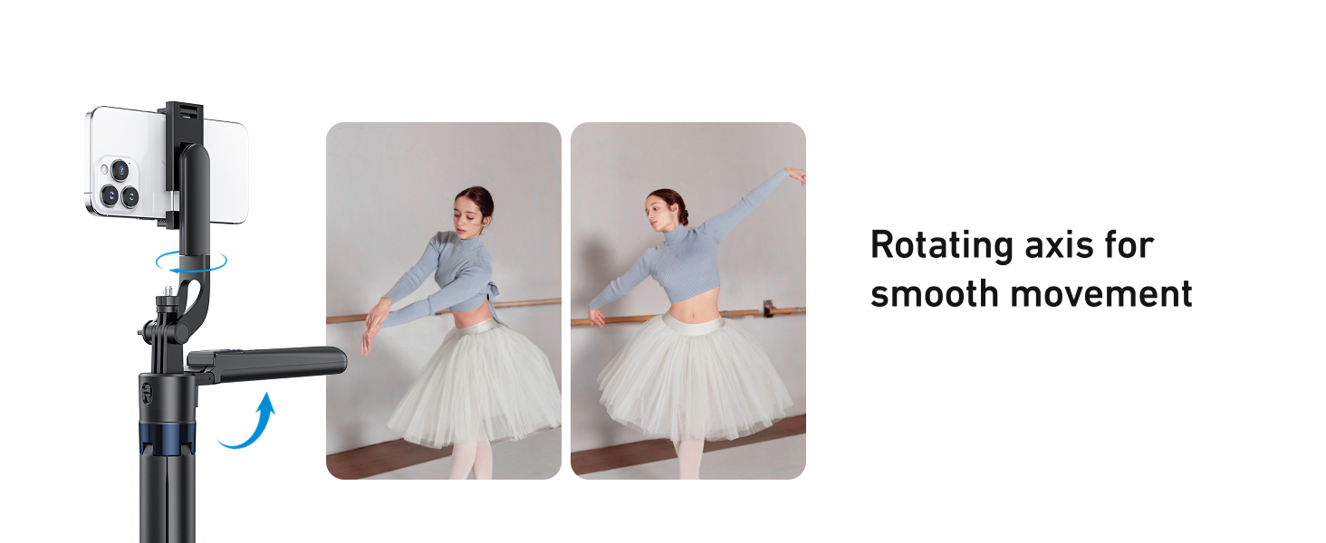 Text reads 'Rotating axis for smooth movement'. Technical diagram showing mounted camera or device bracket with movement demonstration.