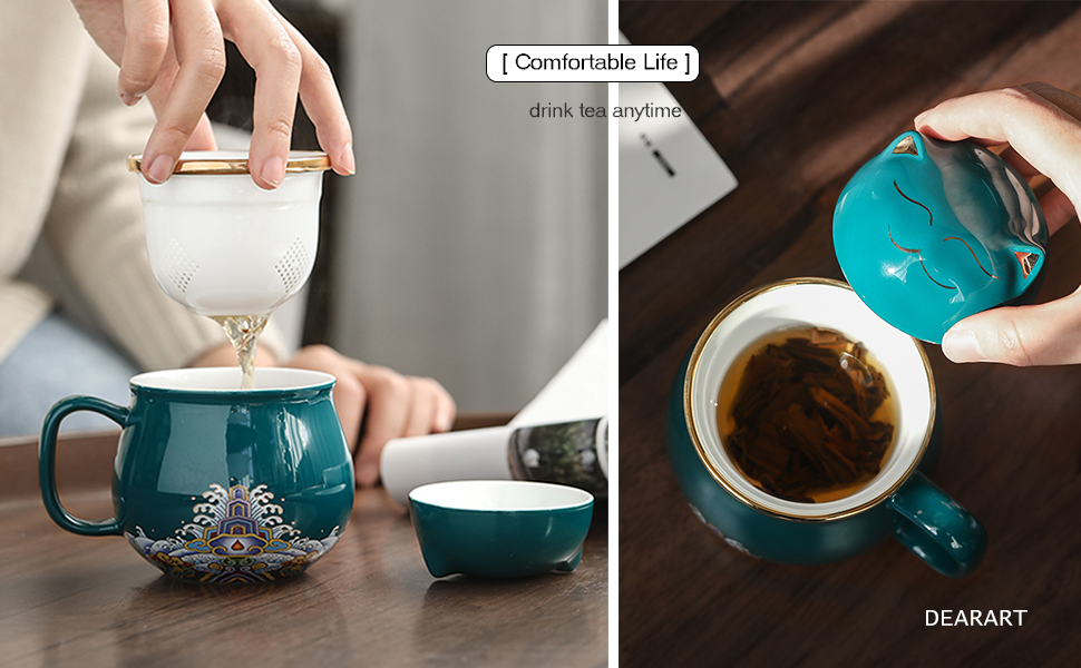 DEARART Beautiful Tea Mug and Lid Filter, 10oz Tea Mug Body and 2Cups