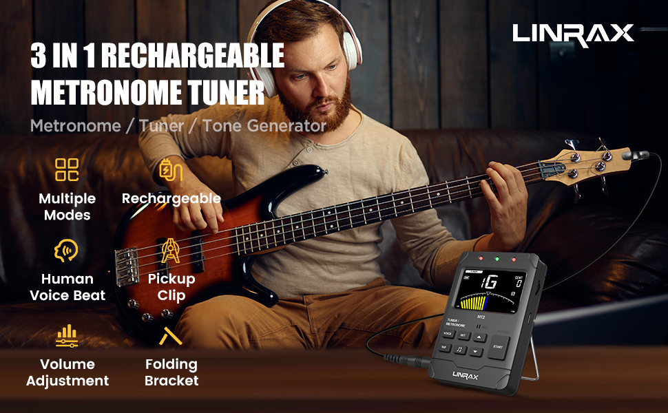 Linrax MT2 Rechargeable Metronome Tuner, 3 in 1 Digital Metronome Tuner Tone Generator for
